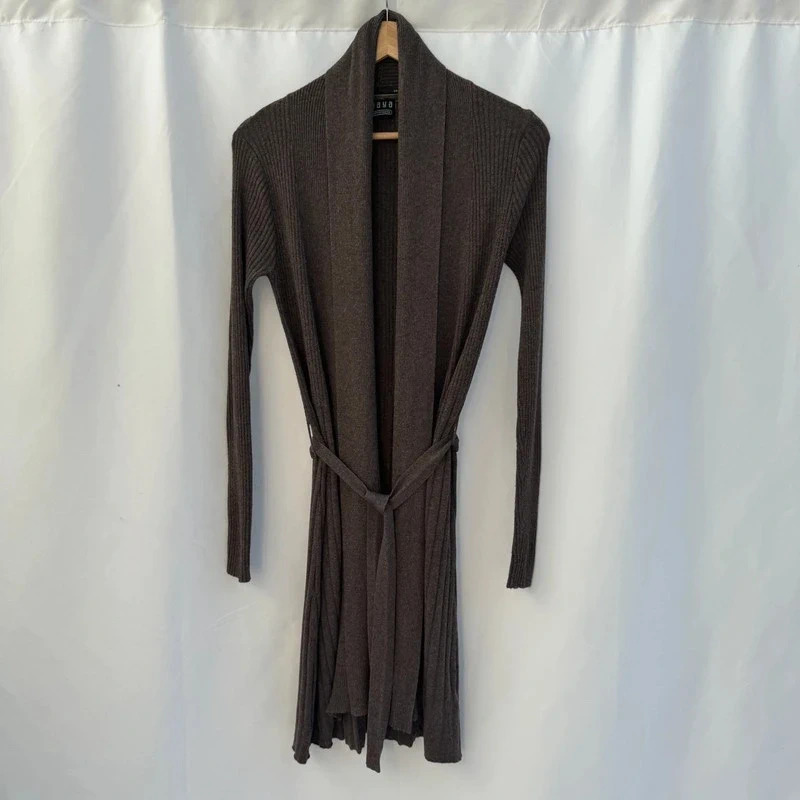 Yaya Sophisticated Brown Ribbed Knit Long Cardigan Belted Shawl Collar Size M