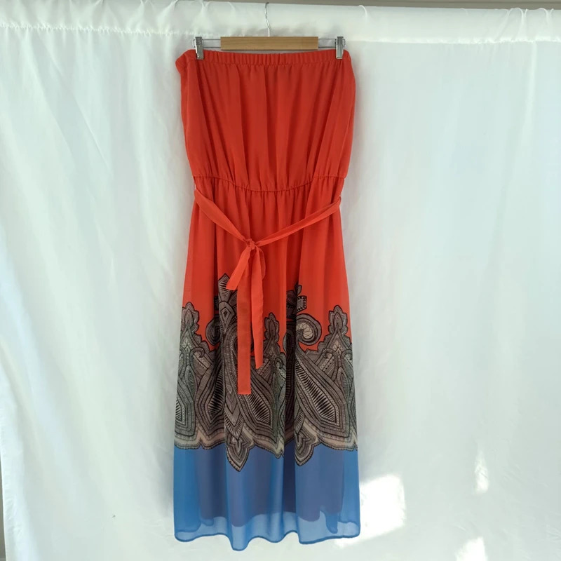 Grazia Strapless Maxi Dress Coral Print Blue Hem Belted Cruise Event Wedding Guest UK 20