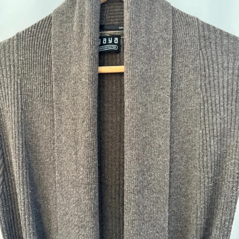 Yaya Sophisticated Brown Ribbed Knit Long Cardigan Belted Shawl Collar Size M - Image 2