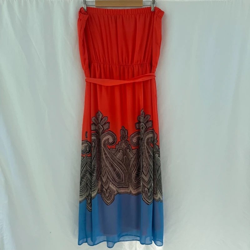 Grazia Strapless Maxi Dress Coral Print Blue Hem Belted Cruise Event Wedding Guest UK 20 - Image 6