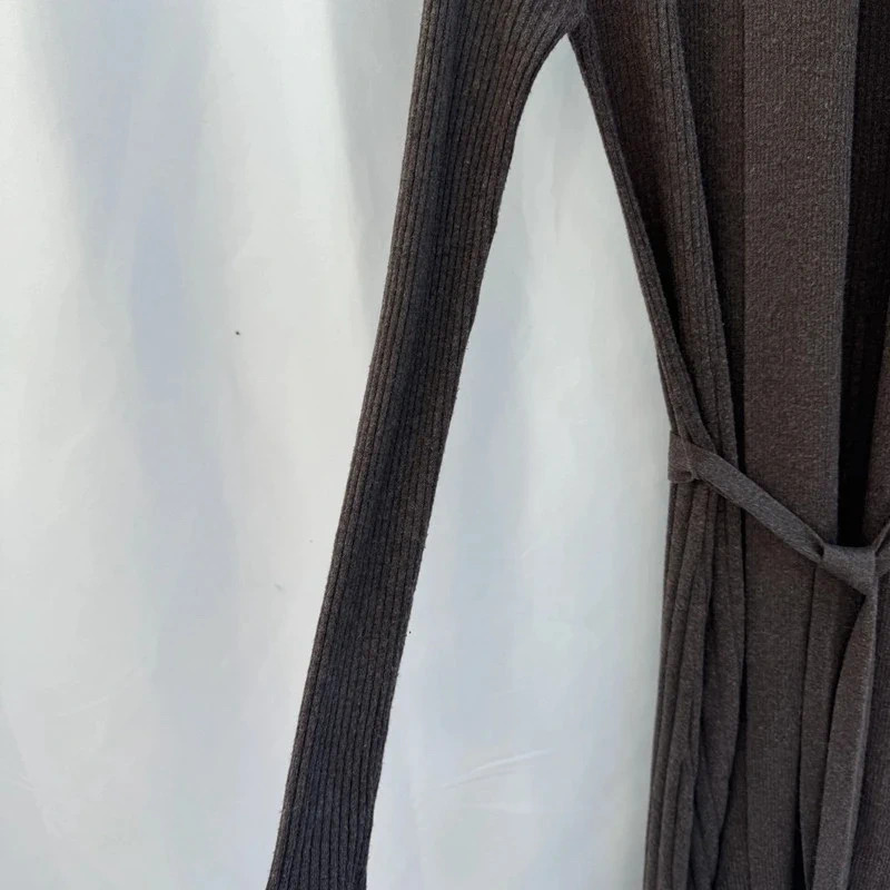 Yaya Sophisticated Brown Ribbed Knit Long Cardigan Belted Shawl Collar Size M - Image 3