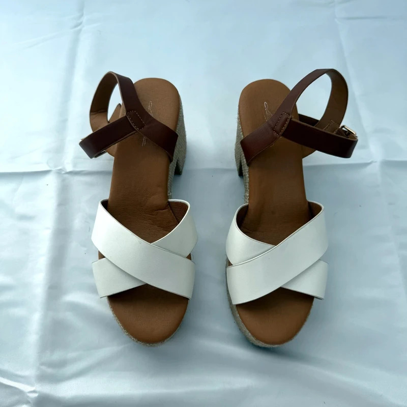 White Cross Strap Platform Sandals UK 6 EU39 Block Heel Summer Boho