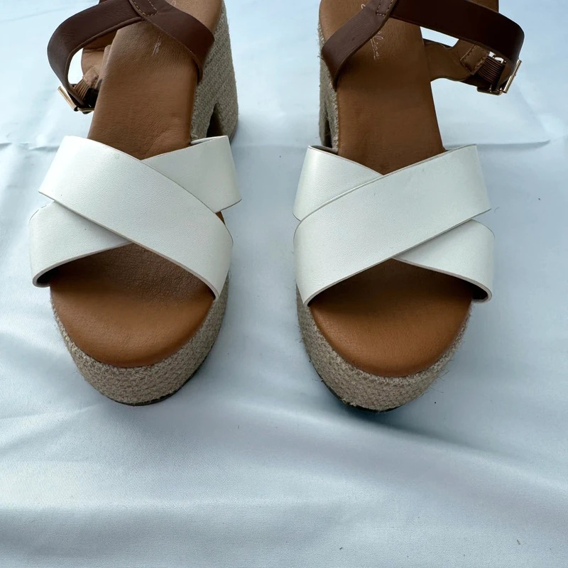 White Cross Strap Platform Sandals UK 6 EU39 Block Heel Summer Boho - Image 4