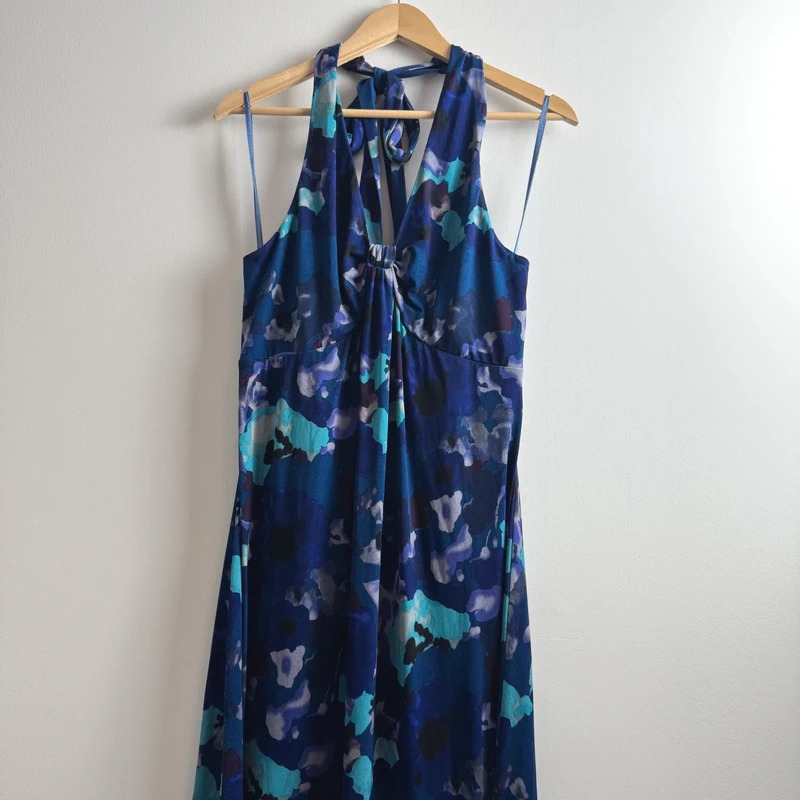 Coast Blue Floral Halterneck Maxi Dress UK14 Wedding Guest Occasion Gown