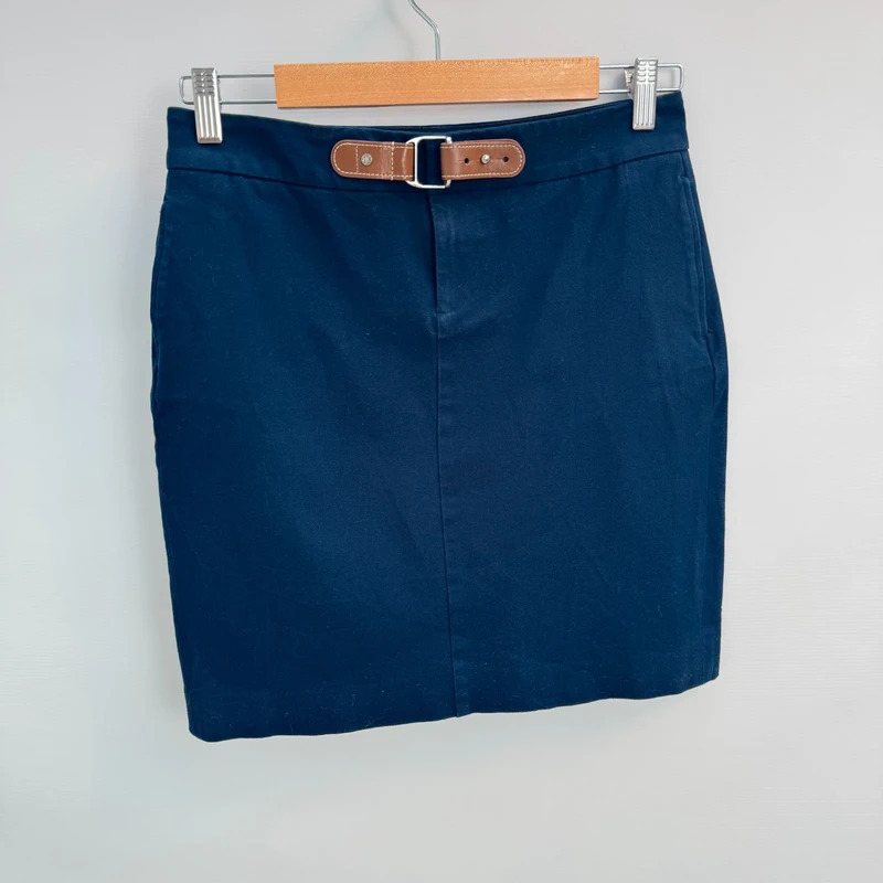 Lauren Ralph Lauren Navy Pencil Skirt Buckle Detail UK 4-6 US 0 Stretch Cotton