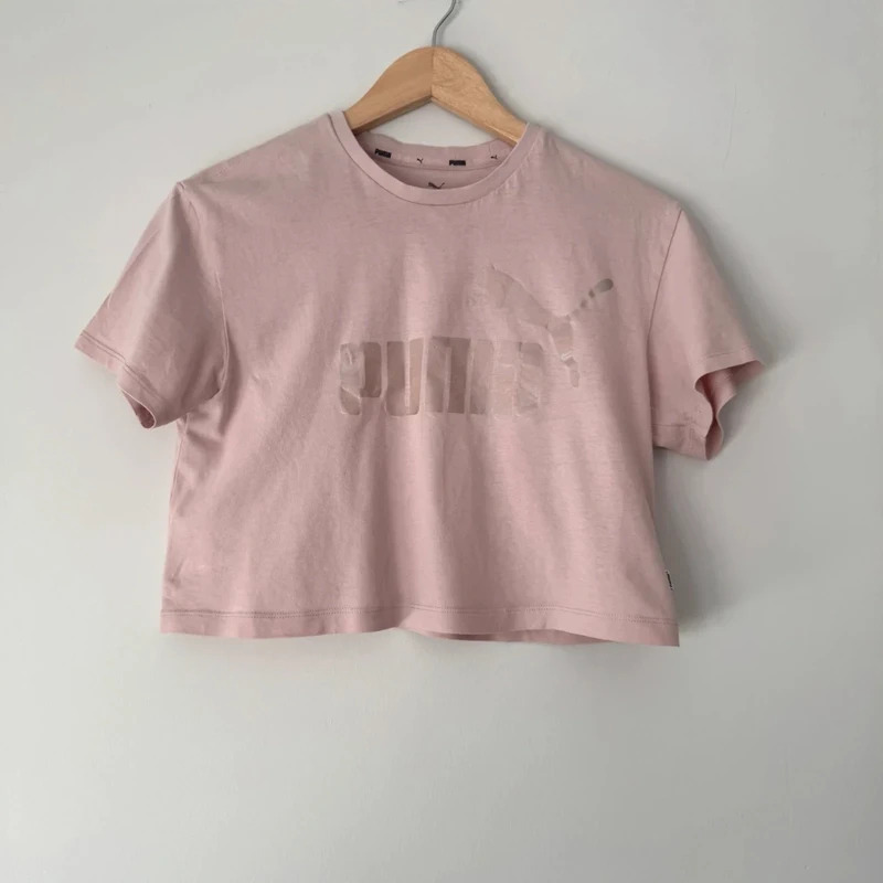 Puma pale Pink Crop T-Shirt UK 10 Age 11–12 Years Metallic Logo Short Sleeve