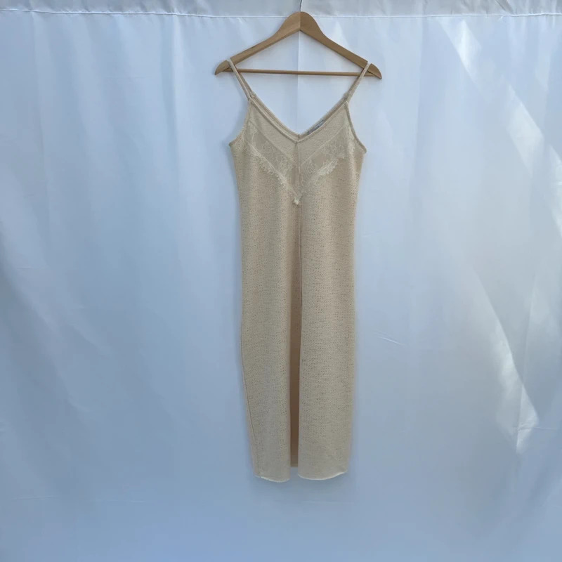 Zara W/B Collection Cream Knit Midi Slip Dress Eyelash Lace Detail Size S