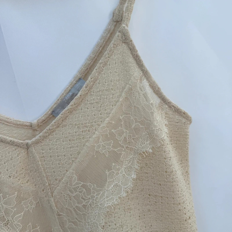 Zara W/B Collection Cream Knit Midi Slip Dress Eyelash Lace Detail Size S - Image 3