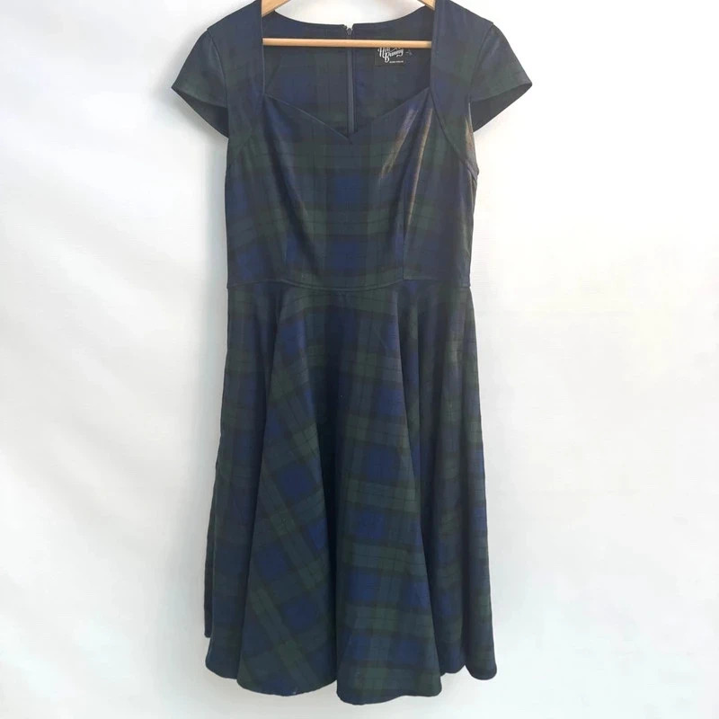 Hell Bunny Blackwatch Tartan Swing Dress UK 14 Sweetheart Neck Retro 50s Pinup
