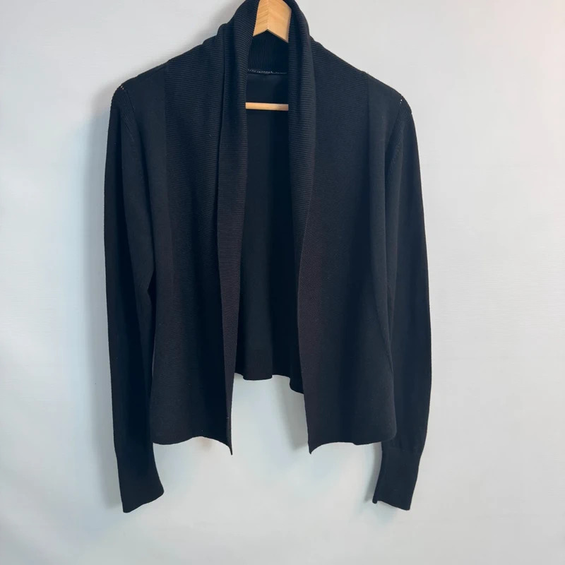 Betty Jackson Black Waterfall Cardigan UK12 Black Fine Knit Open Front Long Sleeve