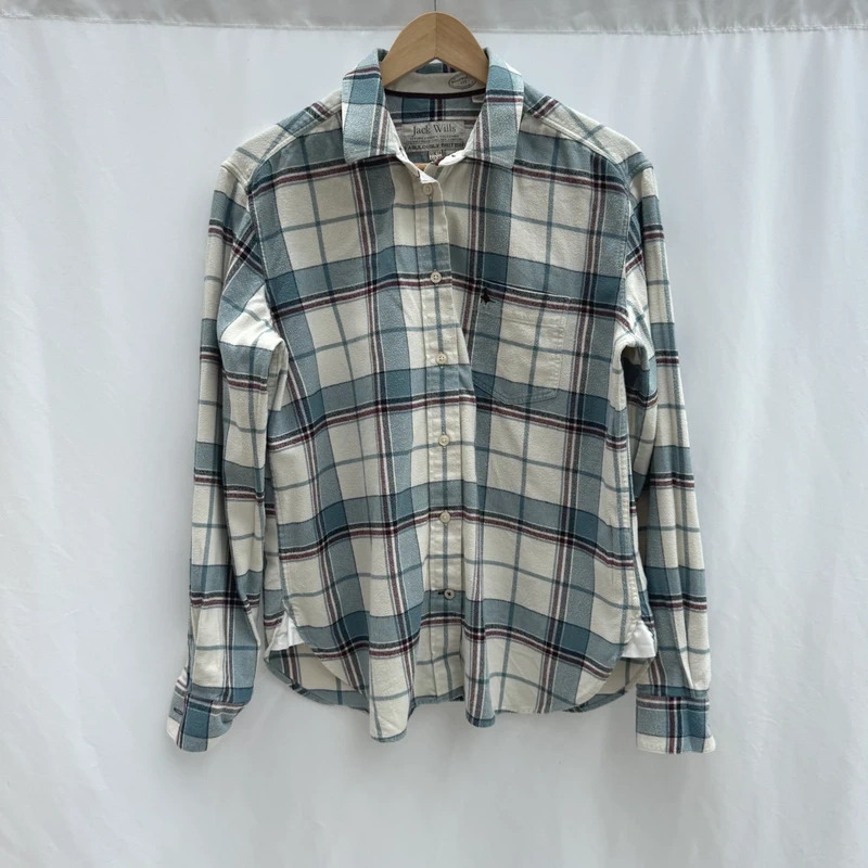 Jack Wills Cream & Teal Checked Flannel Boyfriend Shirt UK 14 L/S Pheasant Logo