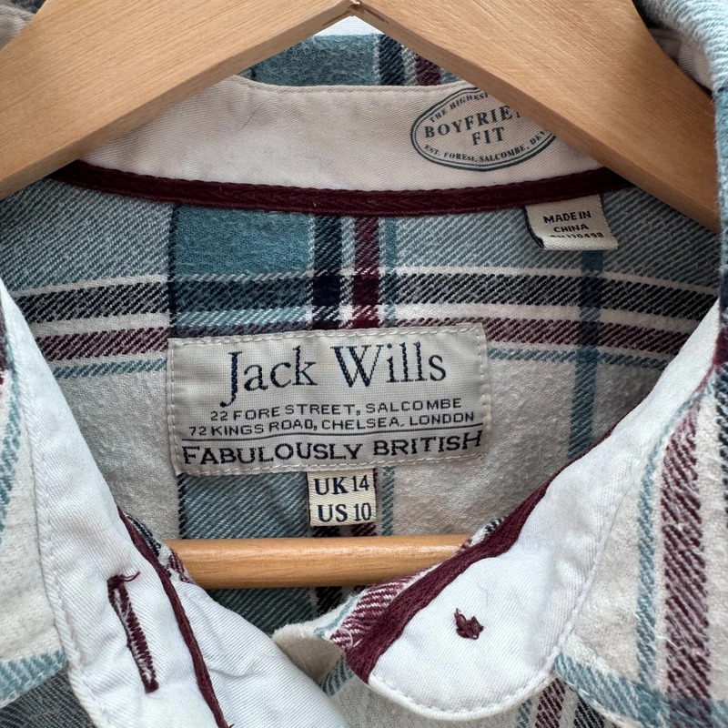 Jack Wills Cream & Teal Checked Flannel Boyfriend Shirt UK 14 L/S Pheasant Logo - Image 2