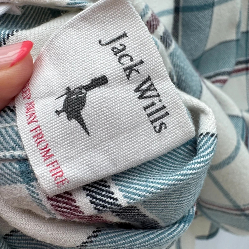 Jack Wills Cream & Teal Checked Flannel Boyfriend Shirt UK 14 L/S Pheasant Logo - Image 9