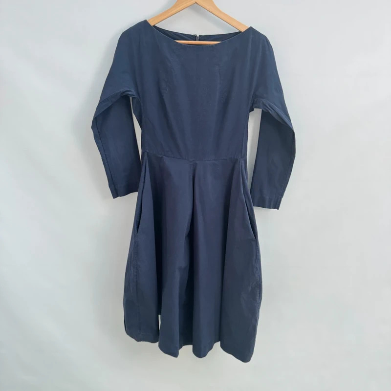 COS Navy Blue Fit & Flare Midi Dress EU 36 UK 8 3/4 Sleeve 100% Cotton Pockets