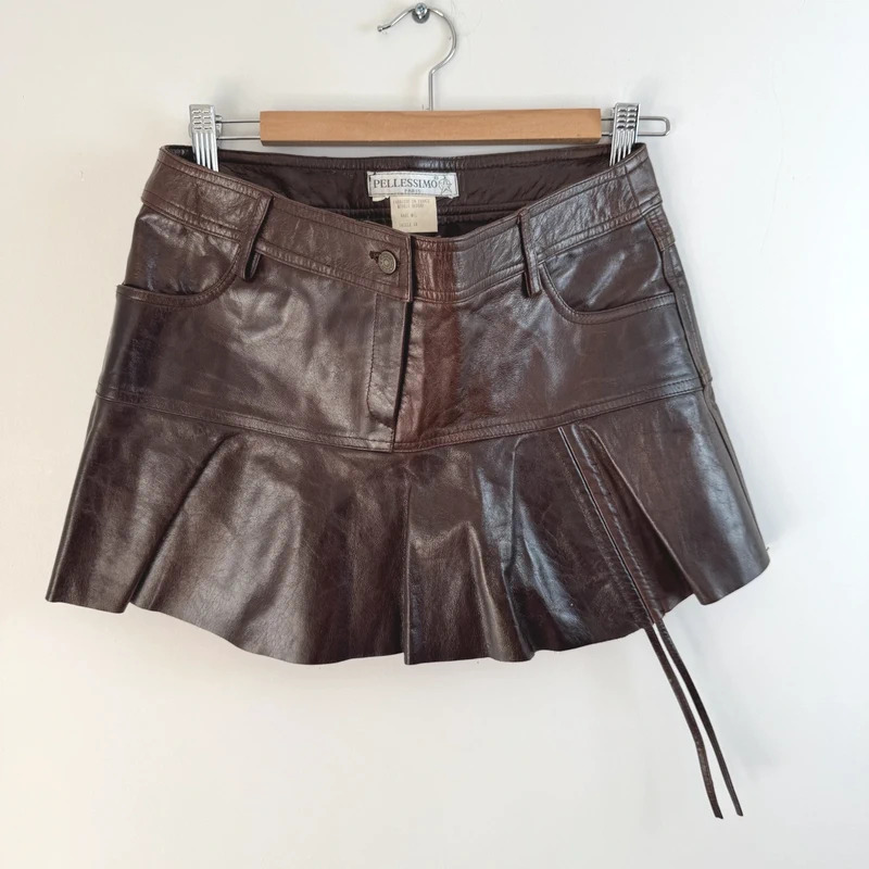 Pellessimo Paris Y2K Brown Lambskin Leather Mini Skirt – FR38 / UK10