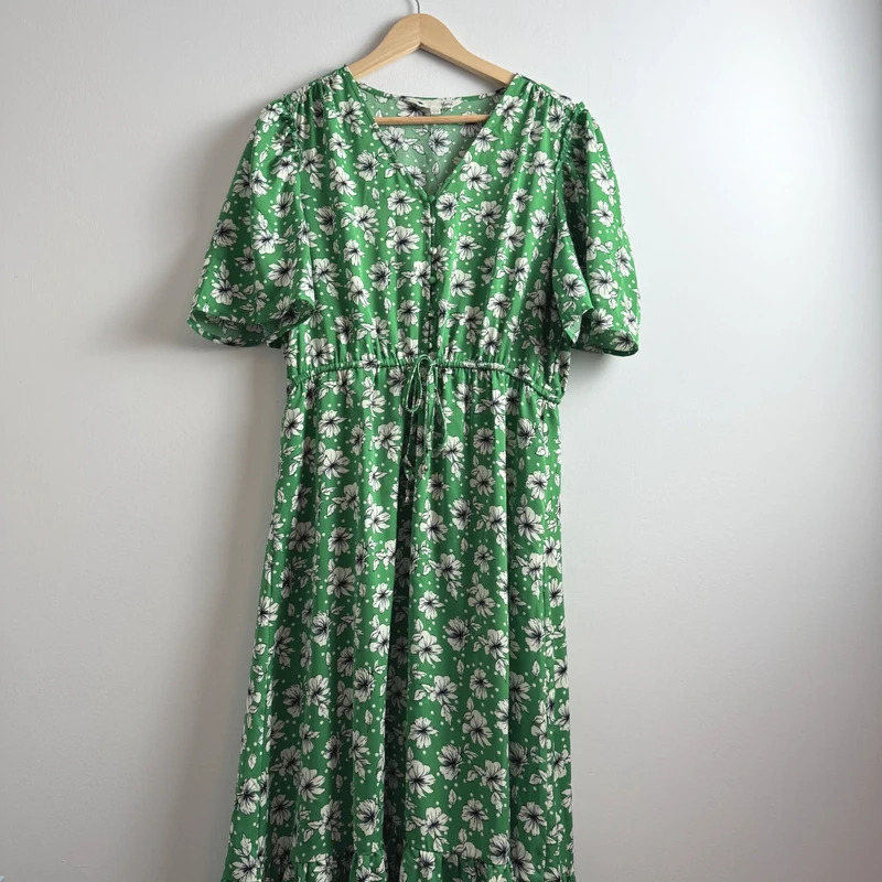 Yumi Green Floral Midi Dress UK 14 V-Neck Short Sleeve Drawstring Waist RRP £58