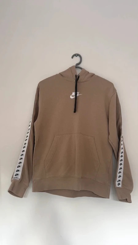 Nike Tan Tape Sleeve Hoodie Size S – Embroidered Logo Kangaroo Pocket Drawstring