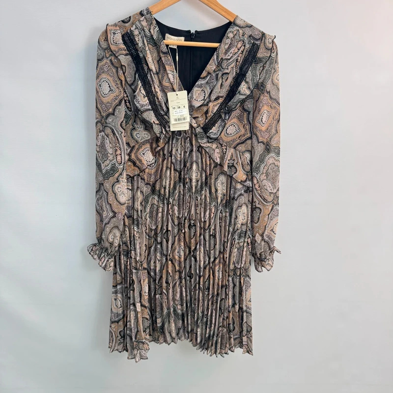 Monsoon Madeline Dress UK 10 Grey Paisley Print Pleated Long Sleeve BNWT rrp £85