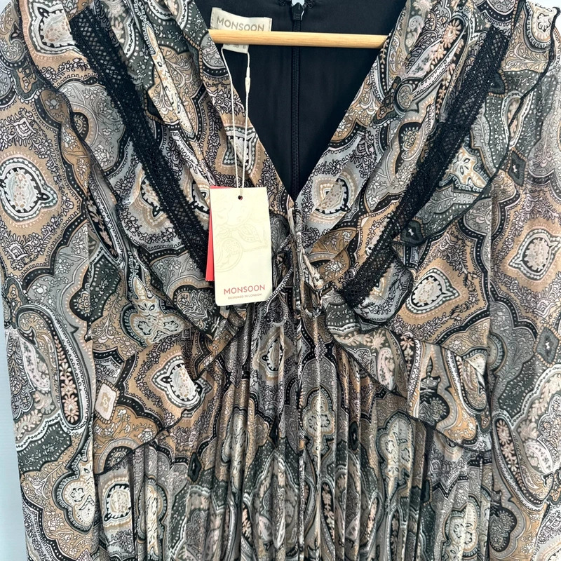 Monsoon Madeline Dress UK 10 Grey Paisley Print Pleated Long Sleeve BNWT rrp £85 - Image 8