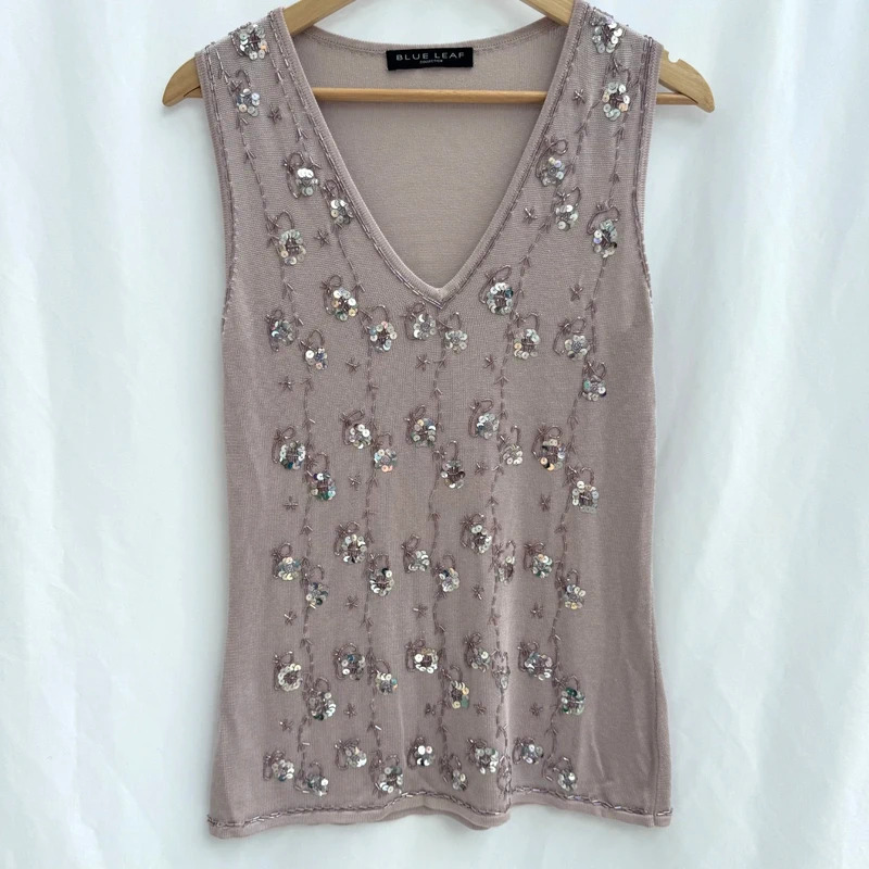 Blue Leaf Collection Beaded Sequin Embellished Top Dusty Mauve Blush UK 14 Evening Occasion
