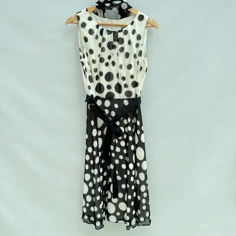 Michaela Louisa Polka Dot Midi Dress UK 12 Black White Sash & Matching Scarf Elegant