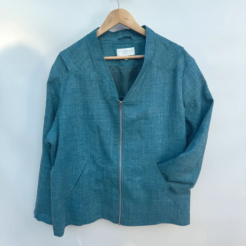Cotswold Collections Zip Jacket UK 22 Teal Blue Linen Blend Pockets Lined