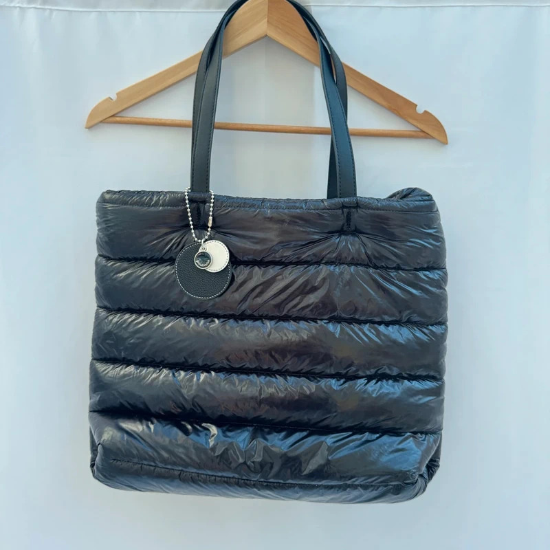 Stradivarius Black Quilted Puffer Tote Bag Large Shiny Padded Shoulder Bag Charm Detail