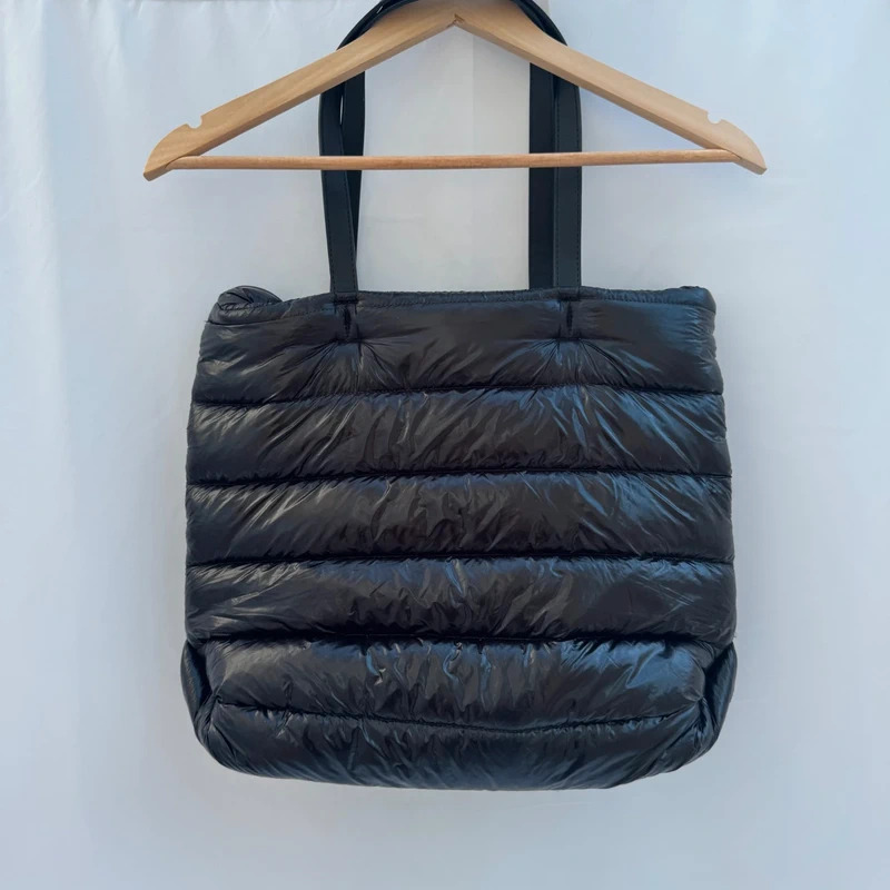 Stradivarius Black Quilted Puffer Tote Bag Large Shiny Padded Shoulder Bag Charm Detail - Image 5