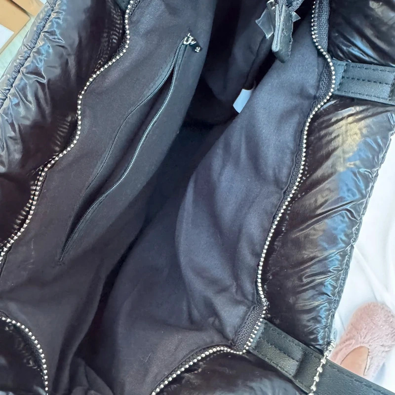 Stradivarius Black Quilted Puffer Tote Bag Large Shiny Padded Shoulder Bag Charm Detail - Image 6