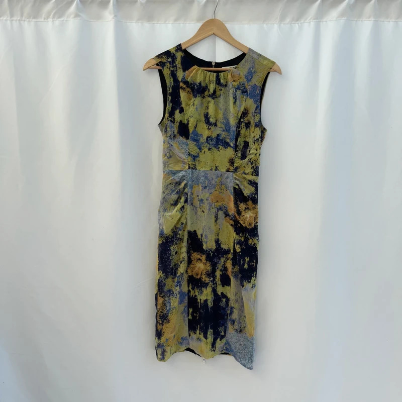 Whistles Silk Watercolour Print Dress UK10 Sleeveless Ruched Midi SS15 RRP £165