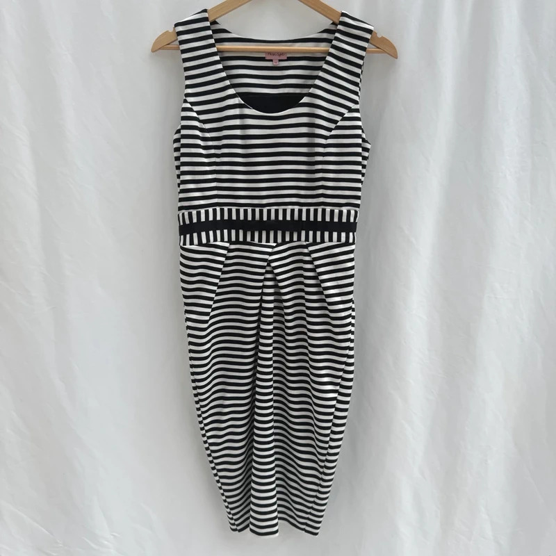 Phase Eight Black White Stripe Pencil Dress UK 12 Bow Detail Pleated Waist Lined