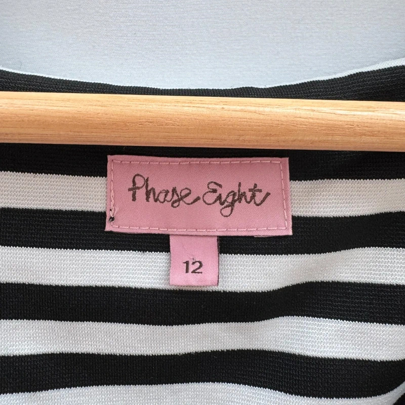 Phase Eight Black White Stripe Pencil Dress UK 12 Bow Detail Pleated Waist Lined - Image 2