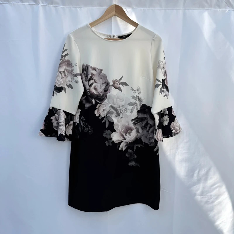 Lipsy London Cream Black Floral Print Flute Sleeve Shift Dress Size UK 10
