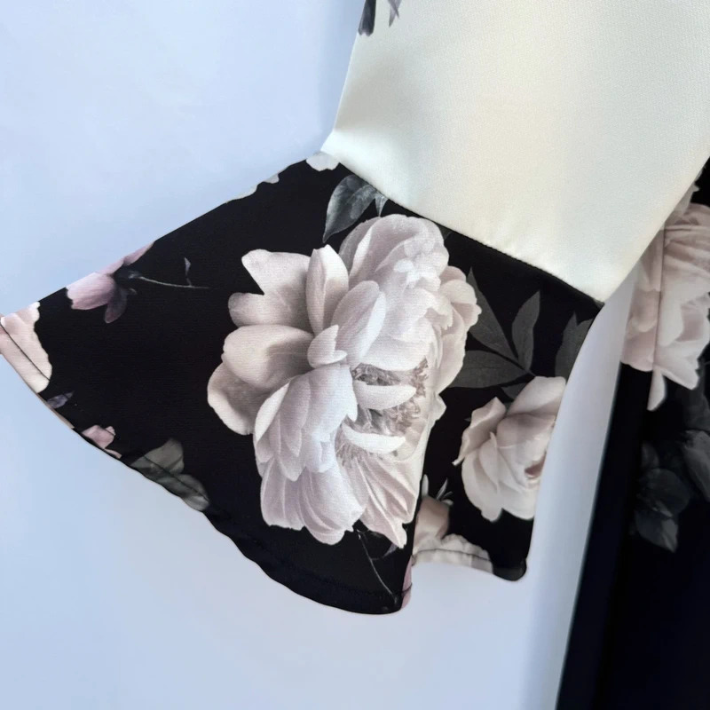 Lipsy London Cream Black Floral Print Flute Sleeve Shift Dress Size UK 10 - Image 3