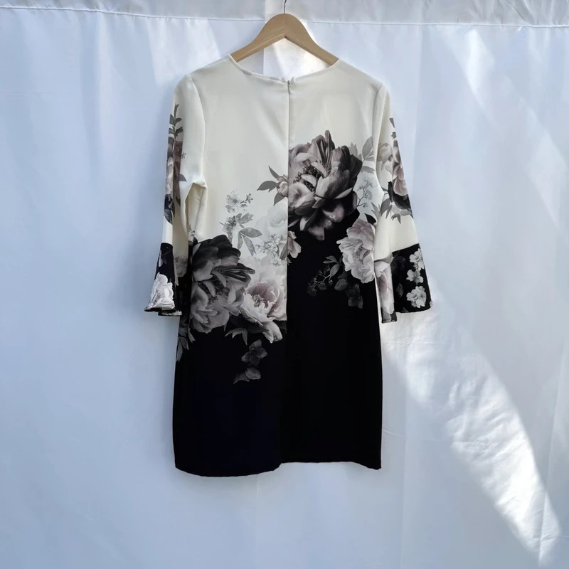 Lipsy London Cream Black Floral Print Flute Sleeve Shift Dress Size UK 10 - Image 6