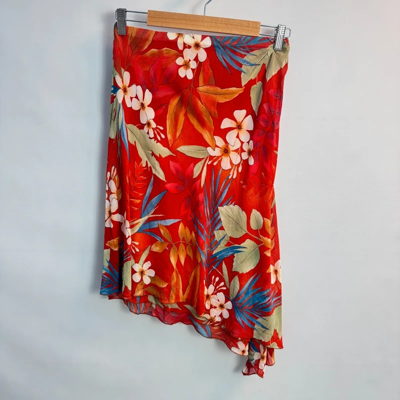 Vintage Y2K Orange Tropical Floral Asymmetric Midi Skirt UK 10–12 Made In Italy Viscose