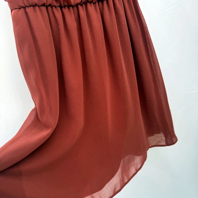 New Look Rust Chiffon Skater Dress Size 10 Sleeveless Pleated Neck Elastic Waist - Image 4