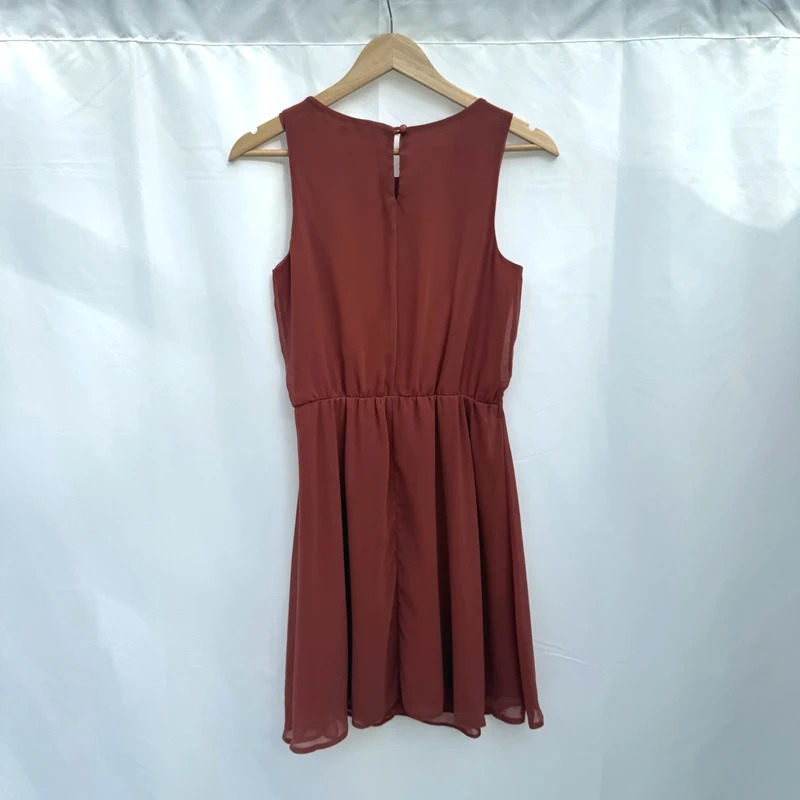 New Look Rust Chiffon Skater Dress Size 10 Sleeveless Pleated Neck Elastic Waist - Image 6