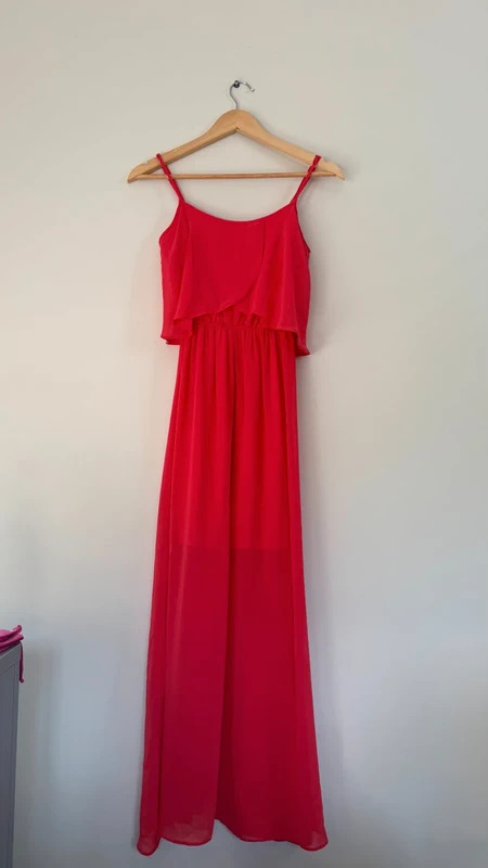 Miss Selfridge Coral Pink Chiffon Maxi Dress Floaty Layered UK 8 Occasion