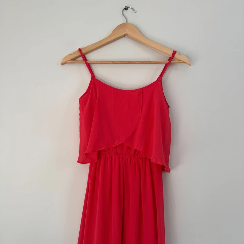 Miss Selfridge Coral Pink Chiffon Maxi Dress Floaty Layered UK 8 Occasion - Image 2