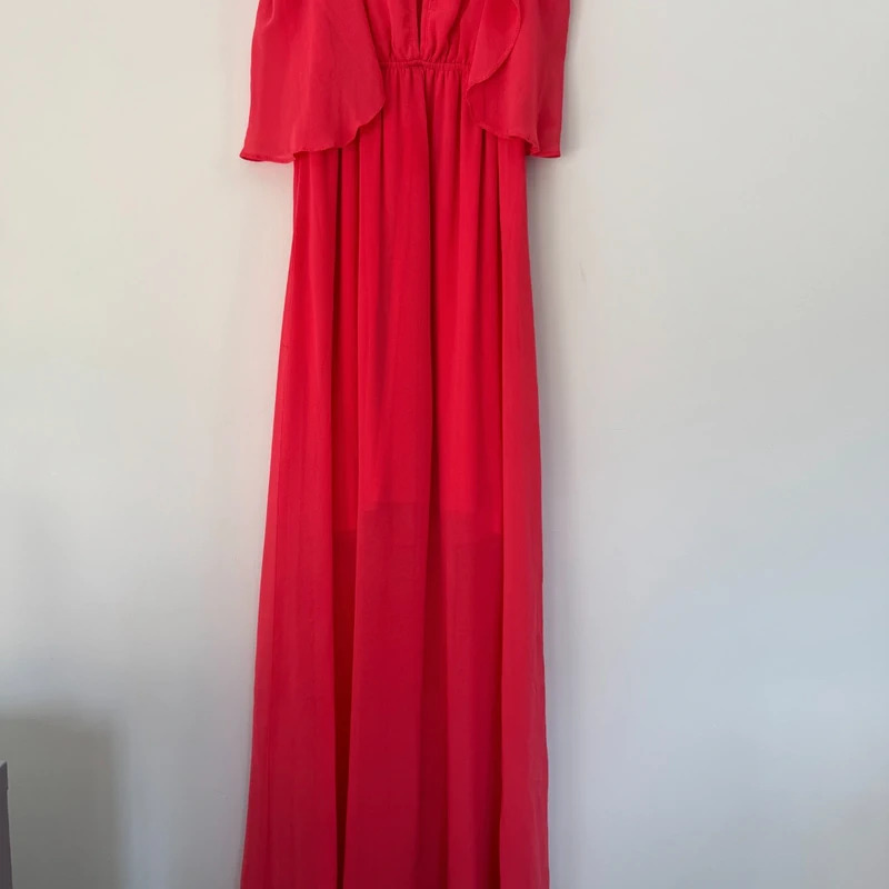 Miss Selfridge Coral Pink Chiffon Maxi Dress Floaty Layered UK 8 Occasion - Image 6