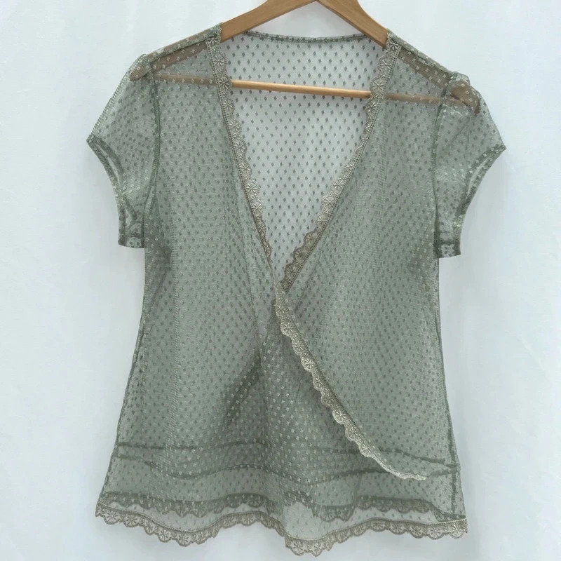 Sage Green Swiss Dot Mesh Wrap Top Lace Trim Short Sleeve UK 14
