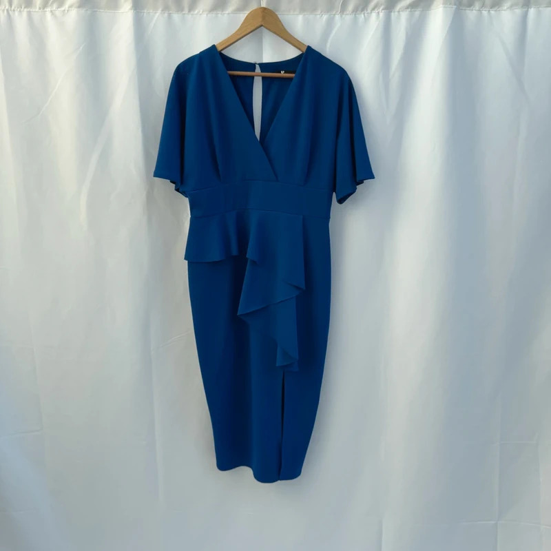 V By Very Cobalt Blue Ruffle Midi Pencil Dress UK 16 Occasion 95% Polyester