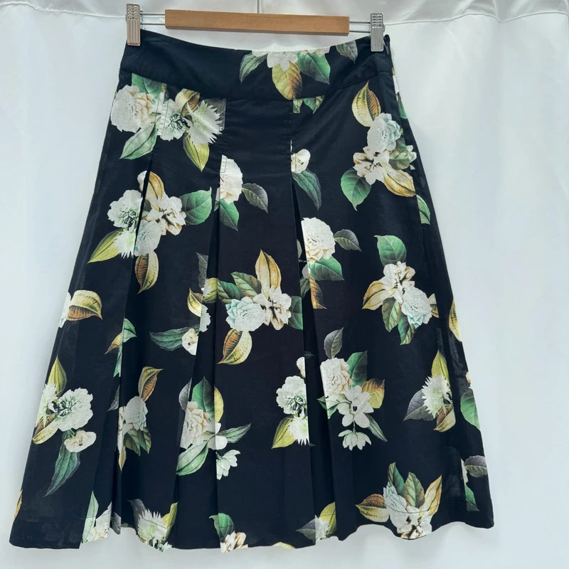 Phase Eight Black Green Floral Cotton Pleated A-Line Midi Skirt UK 10