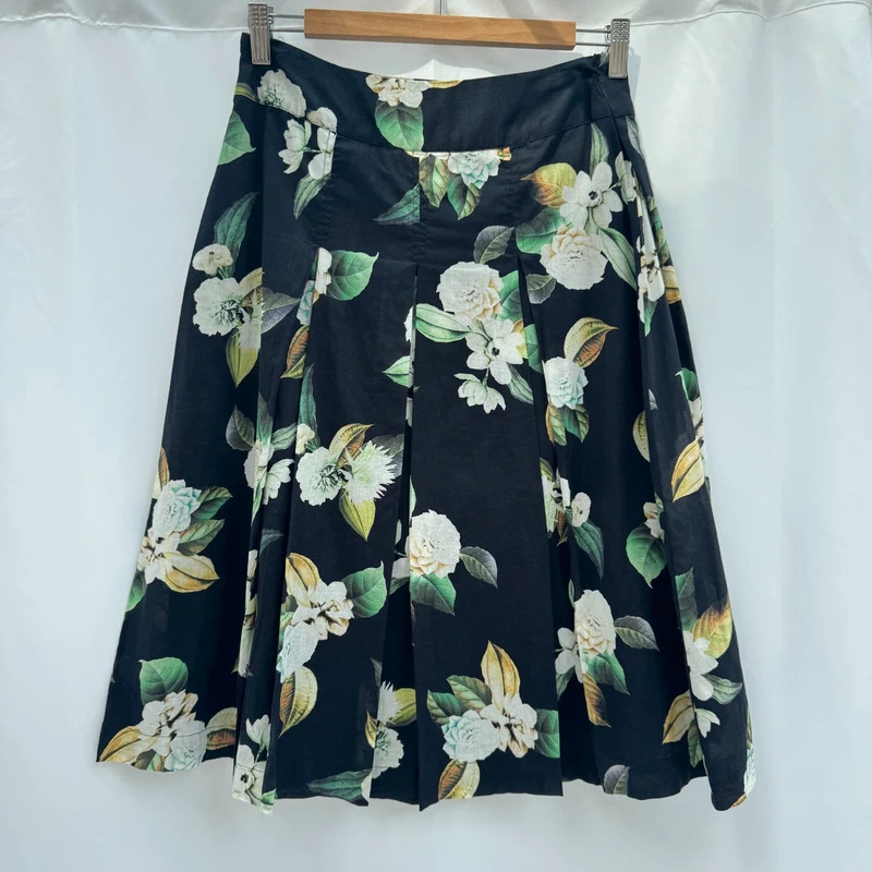 Phase Eight Black Green Floral Cotton Pleated A-Line Midi Skirt UK 10 - Image 6