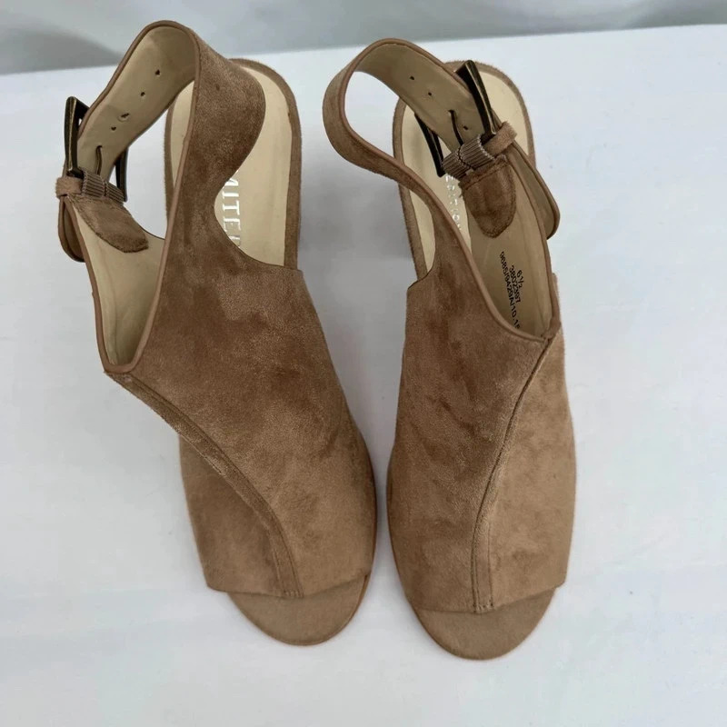M&S Limited Edition Sand Suede Peep Toe Heels UK 6.5 EU 40 Slingback Buckle - Image 2