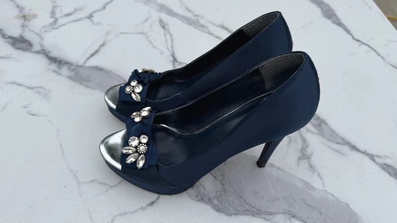 Next Navy Satin Peep-Toe Platform Heels UK 6.5 / EU 40 Crystal Bow Occasion Shoes