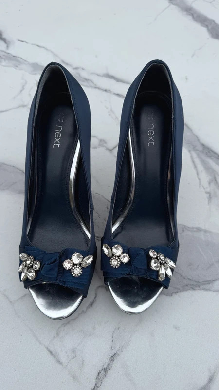 Next Navy Satin Peep-Toe Platform Heels UK 6.5 / EU 40 Crystal Bow Occasion Shoes - Image 2