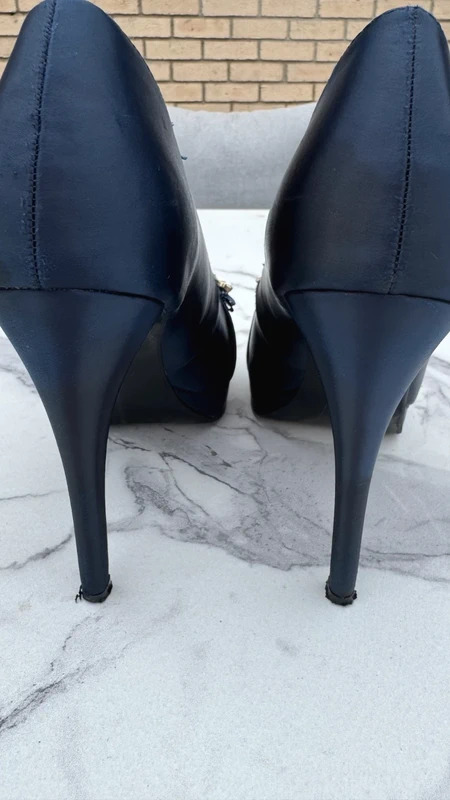 Next Navy Satin Peep-Toe Platform Heels UK 6.5 / EU 40 Crystal Bow Occasion Shoes - Image 3