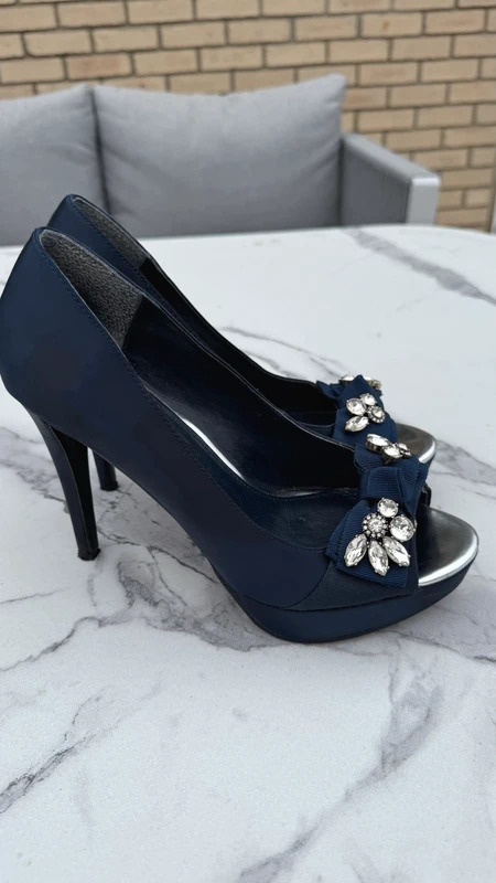 Next Navy Satin Peep-Toe Platform Heels UK 6.5 / EU 40 Crystal Bow Occasion Shoes - Image 4